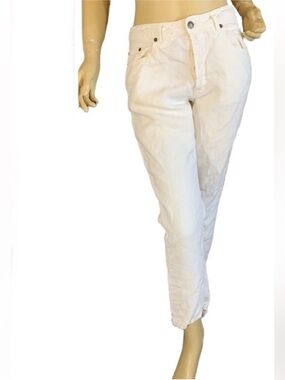 ETRO BEIGE LINEN SLIM LEG BUTTON FLY FIVE POCKET TROUSERS (30)